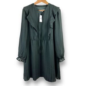 Loft Women's Size M Textured Ruffle Swing Dress Charcoal Black Plaid Prairie New